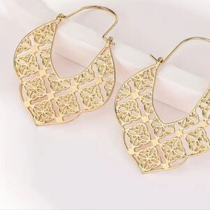 14k Gold Plated hoops. Intricate cut pattern New. Fast Ship Top Seller